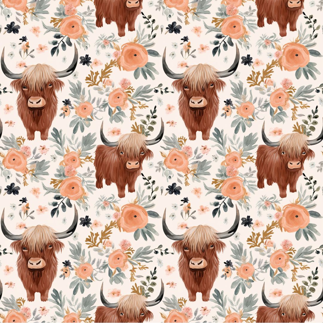Brown Highland Cows & Florals Cream Background 12x12 Patterned Vinyl Sheet