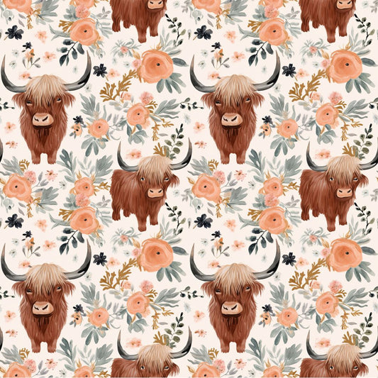 Brown Highland Cows & Florals Cream Background 12x12 Patterned Vinyl Sheet