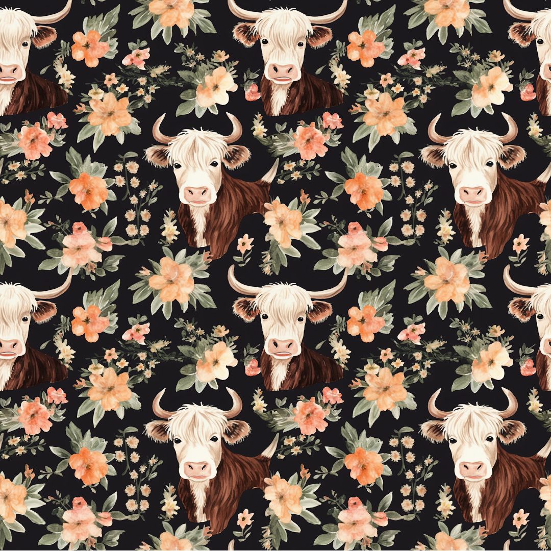 Brown Highland Cows & Florals Black Background 12x12 Patterned Vinyl Sheet