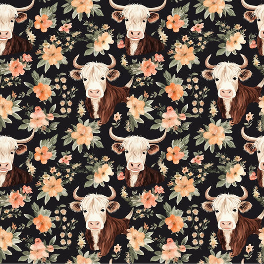 Brown Highland Cows & Florals Black Background 12x12 Patterned Vinyl Sheet