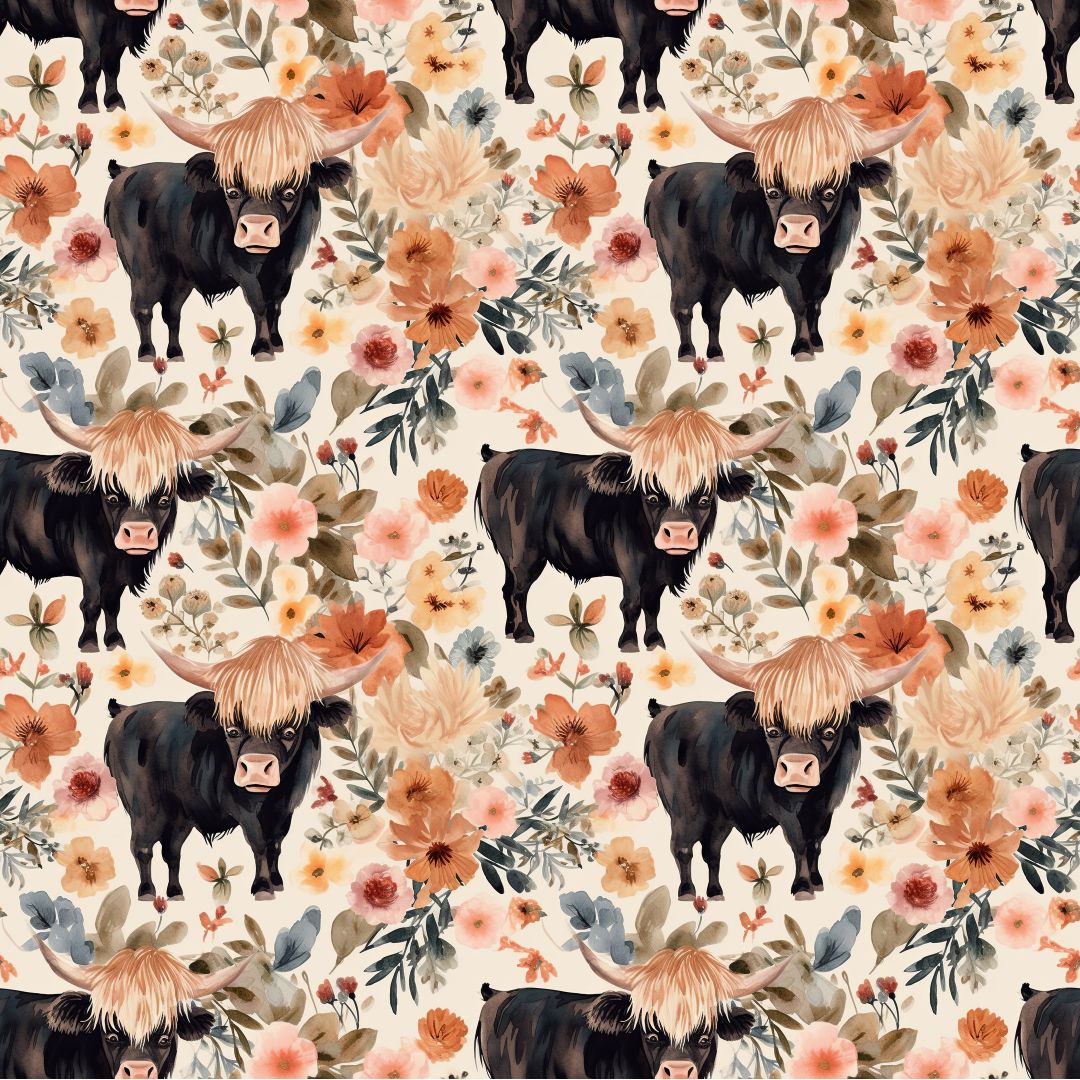 Black Highland Cows & Florals 12x12 Patterned Vinyl Sheet
