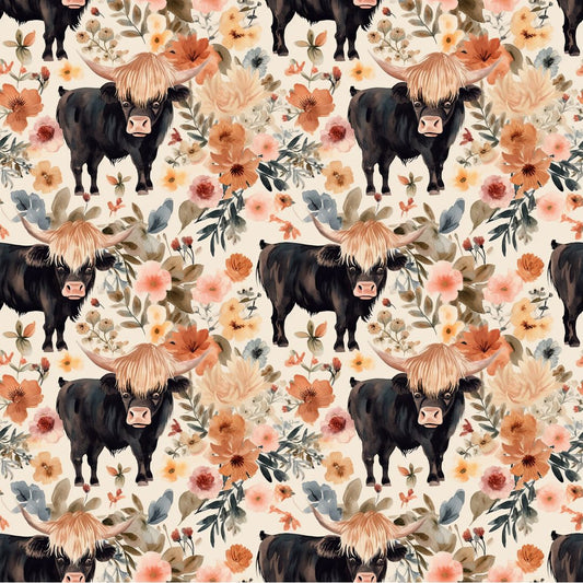 Black Highland Cows & Florals 12x12 Patterned Vinyl Sheet