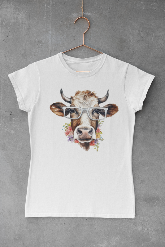 Watercolor Cow with Glasses Transfer