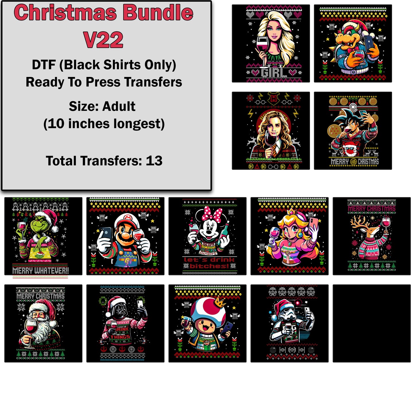 Christmas Transfer Bundle 22 For Black Shirts