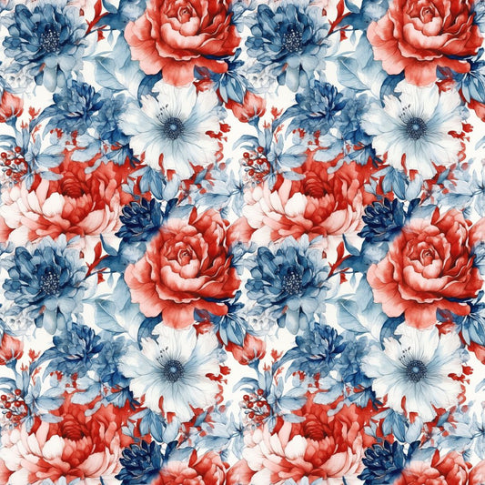 Watercolor Red, White & Blue Flowers 12x12 Patterned Vinyl Sheet