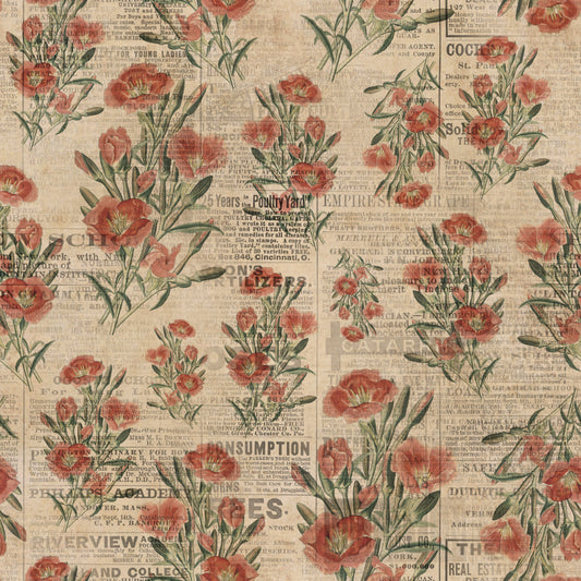 Vintage Orange Flowers on Newspaper 12x12 Patterned Vinyl Sheet