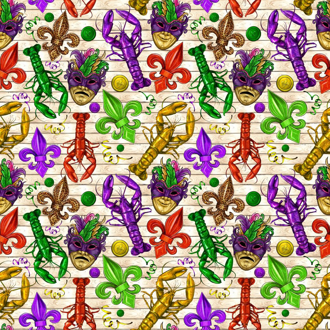 Mardi Gras Masks & Cray Fish 12x12 Patterned Vinyl Sheet