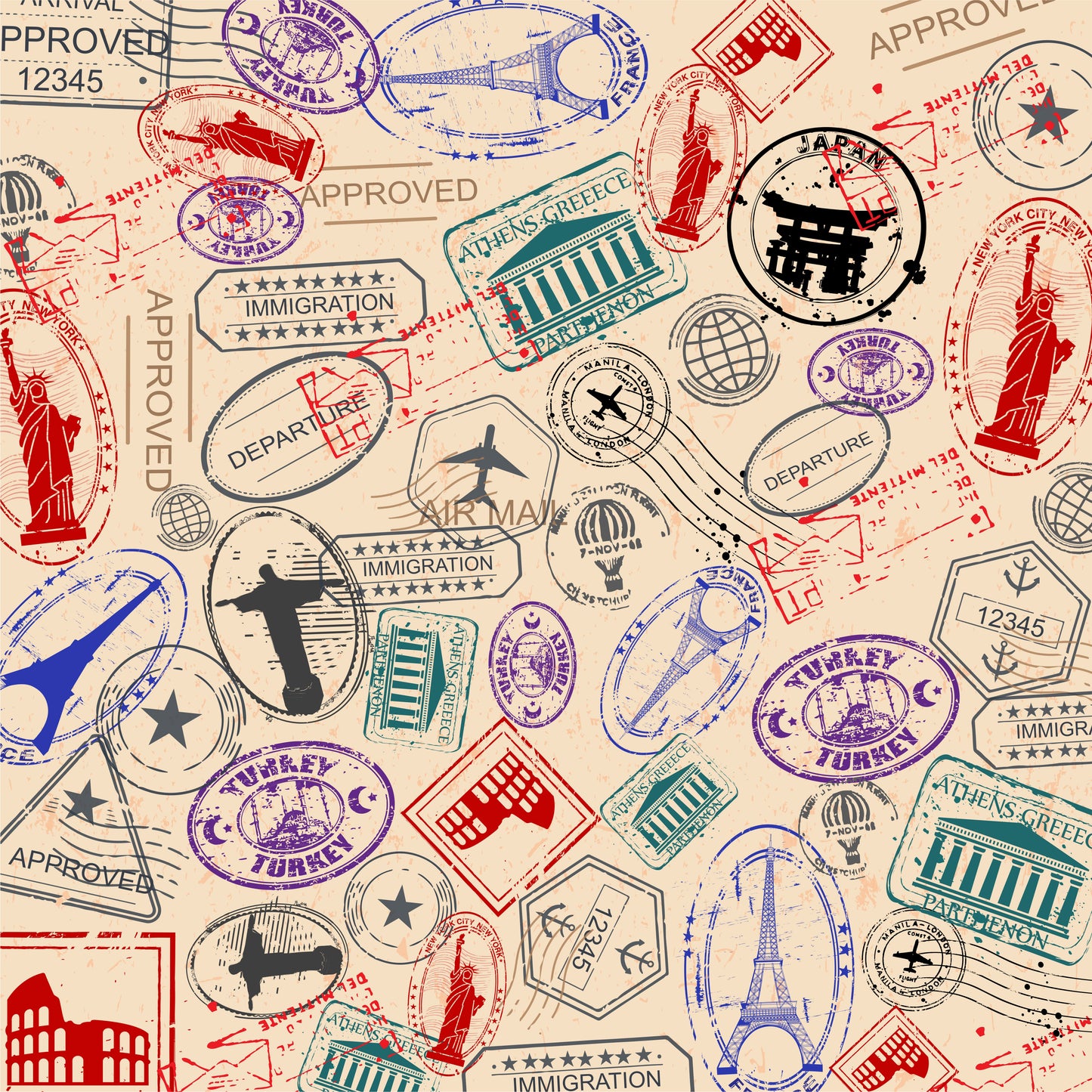 Passport Stamps 12x12 Patterned Vinyl Sheet