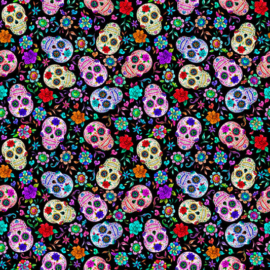 Sugar Skulls Black Background 12x12 Patterned Vinyl Sheet