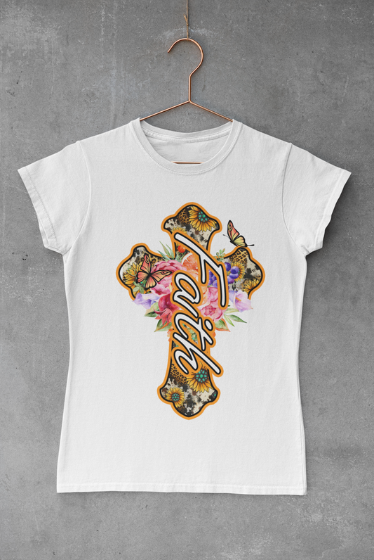 Faith Pink Flowers Cross Transfer