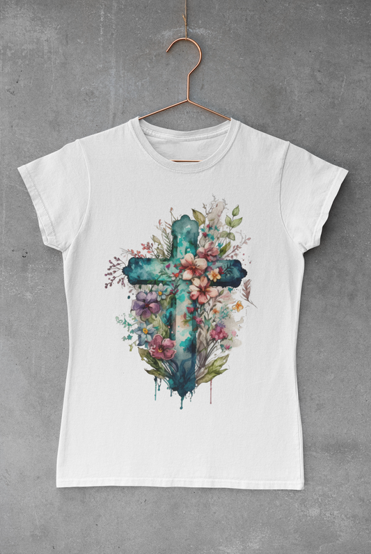 Teal Floral Watercolor Cross Transfer