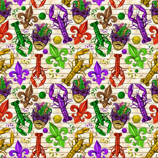 Mardi Gras Masks & Cray Fish 12x12 Patterned Vinyl Sheet