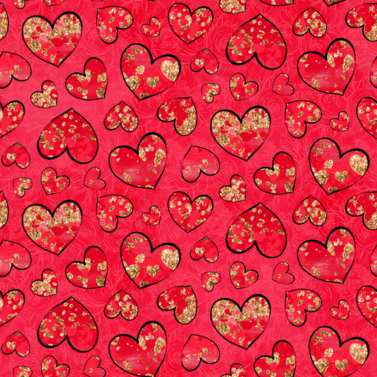 Red & Faux Gold Glitter Hearts Outline 12x12 Patterned Vinyl Sheet