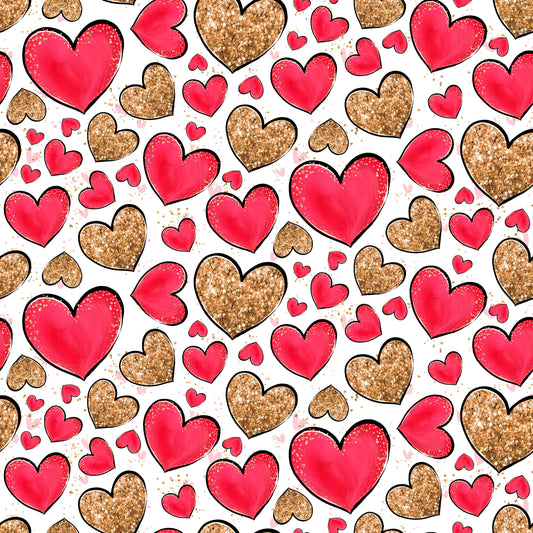 Red & Faux Gold Glitter Hearts White Background 12x12 Patterned Vinyl Sheet