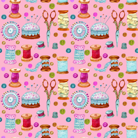 Vintage Sewing Kit Pink 12x12 Patterned Vinyl Sheet