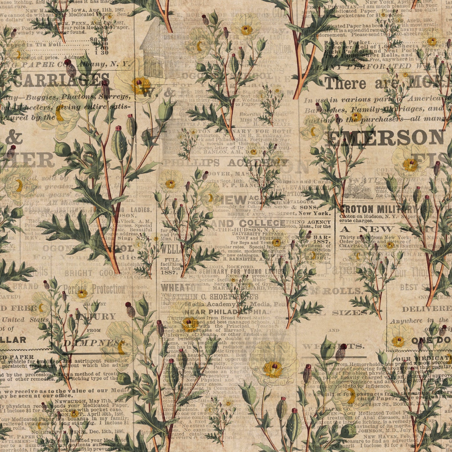 Vintage Wildflowers on Newspaper 12x12 Patterned Vinyl Sheet
